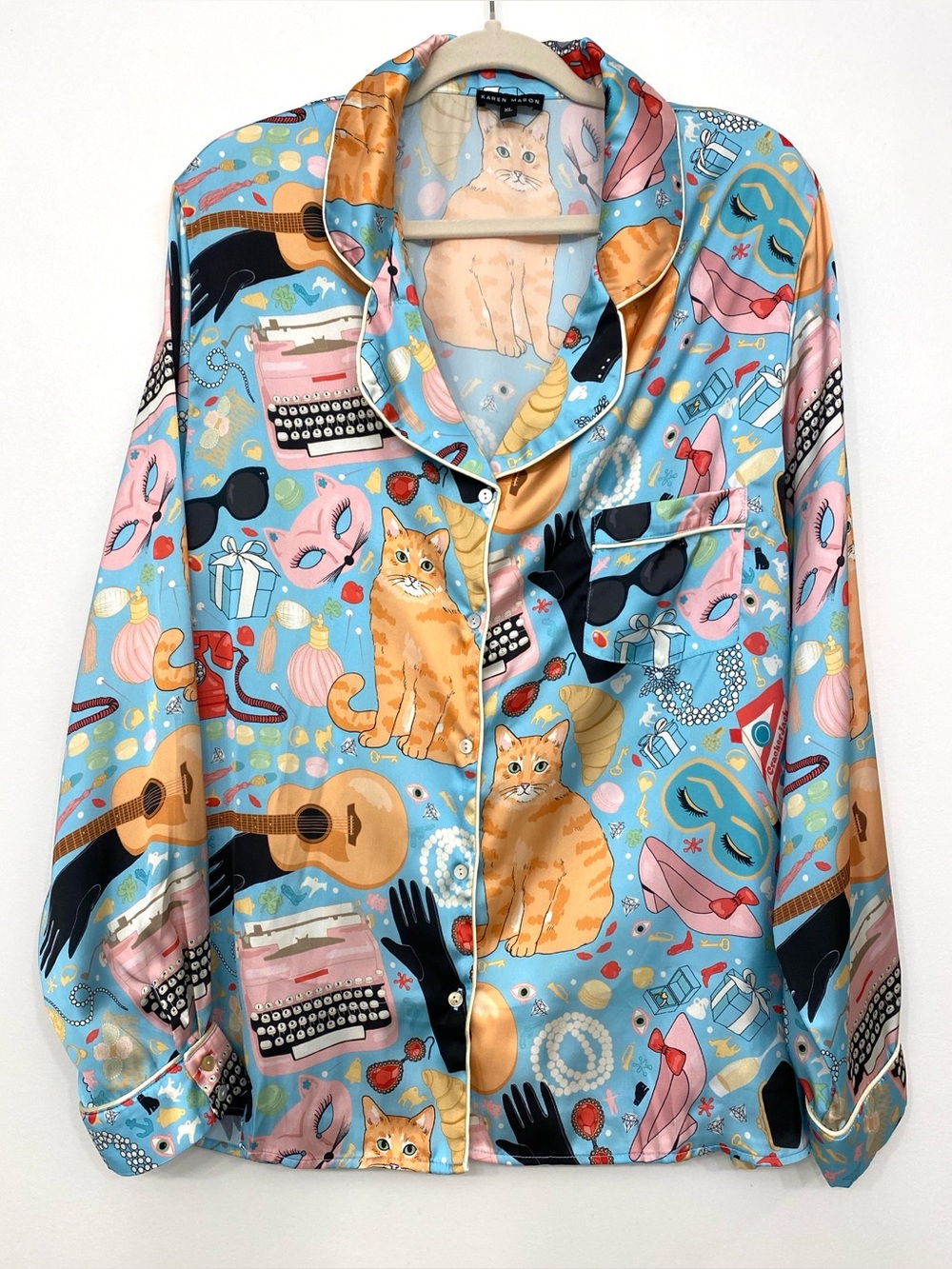 Karen Mabon Breakfast at Tiffany's Print Satin Pajama Shirt XL Dopamine Dressing